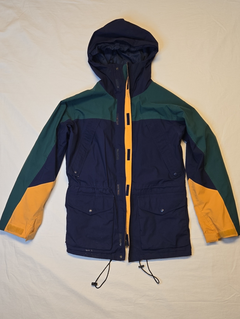 Eddie Bauer Gore-Tex Navy, Green & Yellow Colorblock Hooded Jacket Vintage 90s